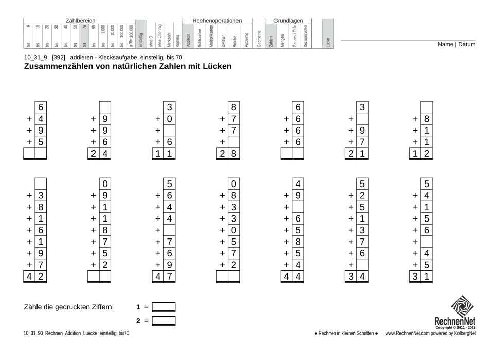 10_31_9 Rechnen Addition Lücke einstellig bis70
