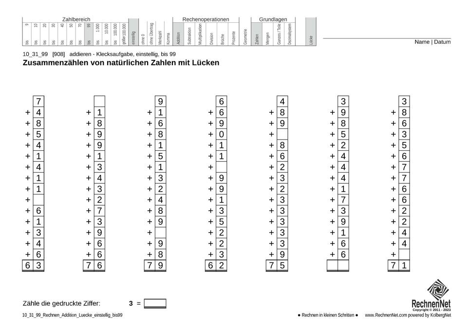 10_31_9 Rechnen Addition Lücke einstellig bis99