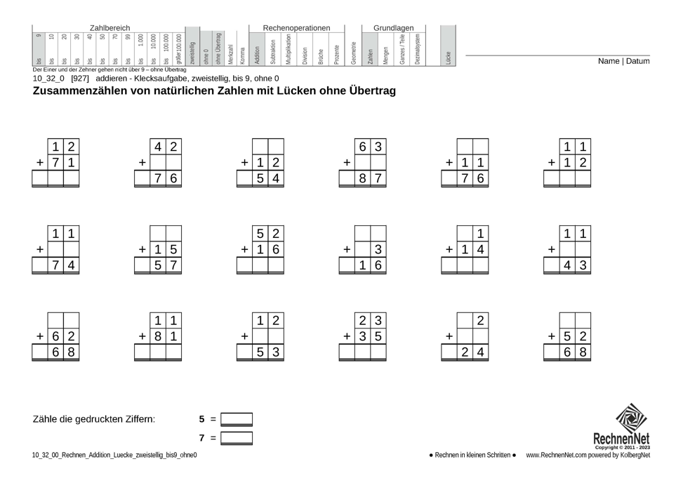 10_32_0 Rechnen Addition Lücke zweistellig bis9 ohne0