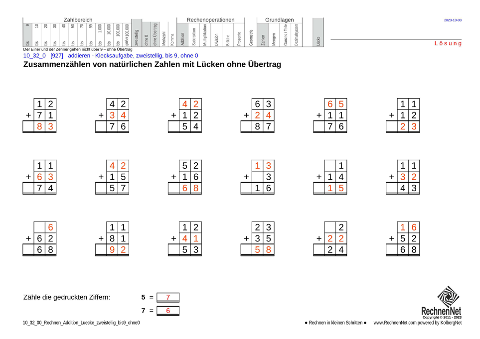 Lösung: 10_32_0 Rechnen Addition Lücke zweistellig bis9 ohne0