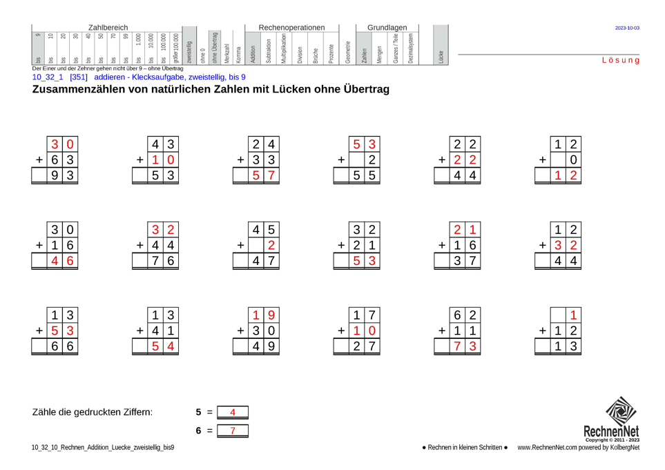 Lösung: 10_32_1 Rechnen Addition Lücke zweistellig bis9
