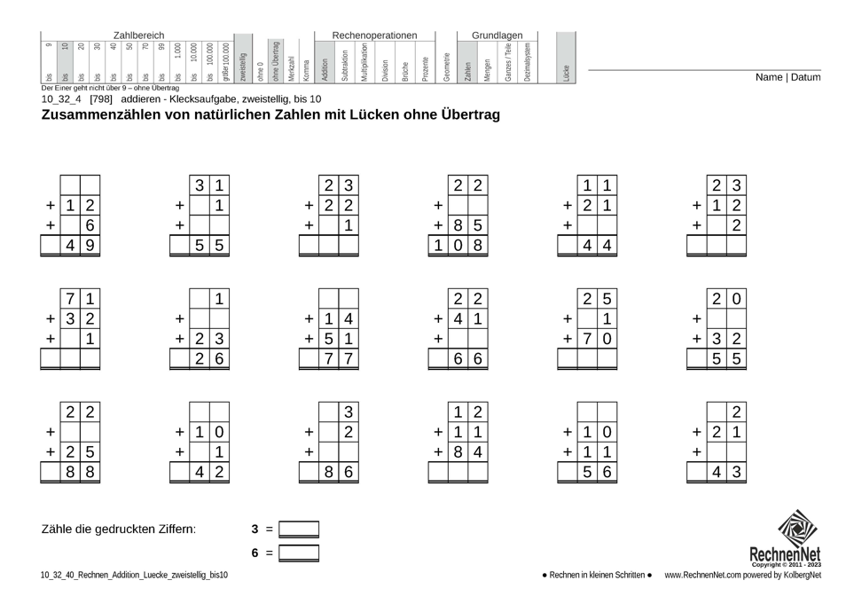 10_32_4 Rechnen Addition Lücke zweistellig bis10