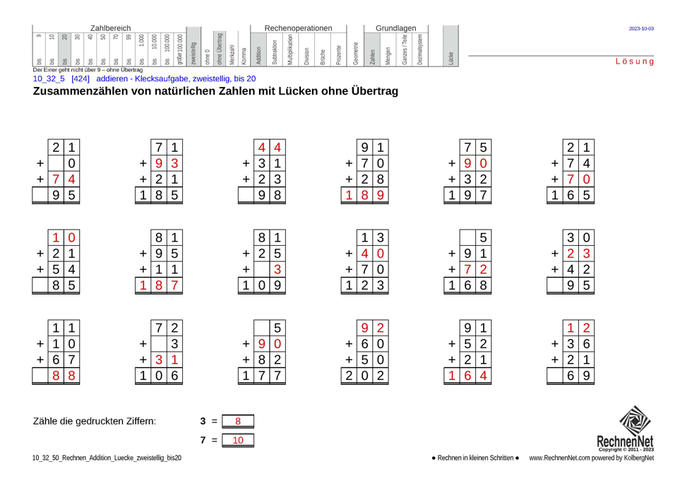 Lösung: 10_32_5 Rechnen Addition Lücke zweistellig bis20