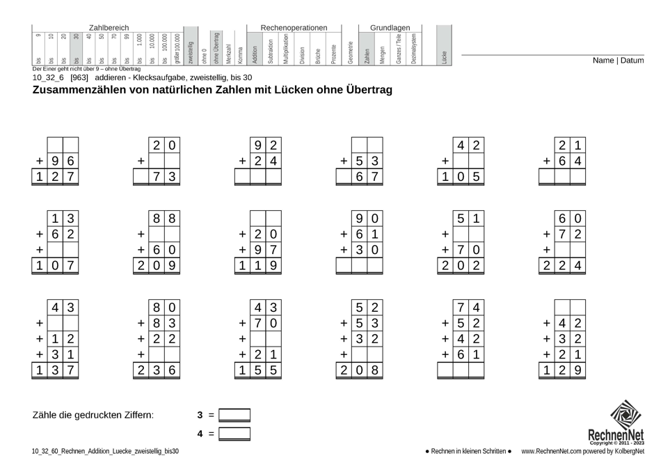 10_32_6 Rechnen Addition Lücke zweistellig bis30