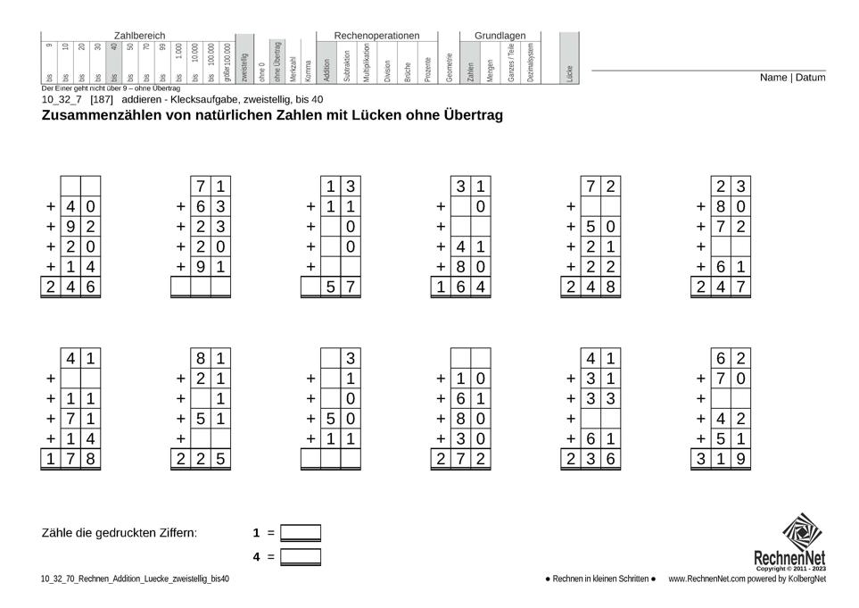 10_32_7 Rechnen Addition Lücke zweistellig bis40