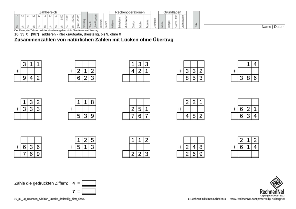 10_33_0 Rechnen Addition Lücke dreistellig bis9 ohne0