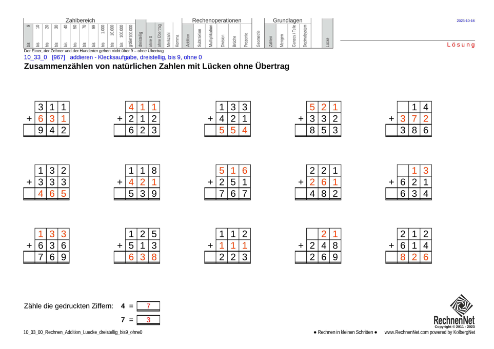 Lösung: 10_33_0 Rechnen Addition Lücke dreistellig bis9 ohne0