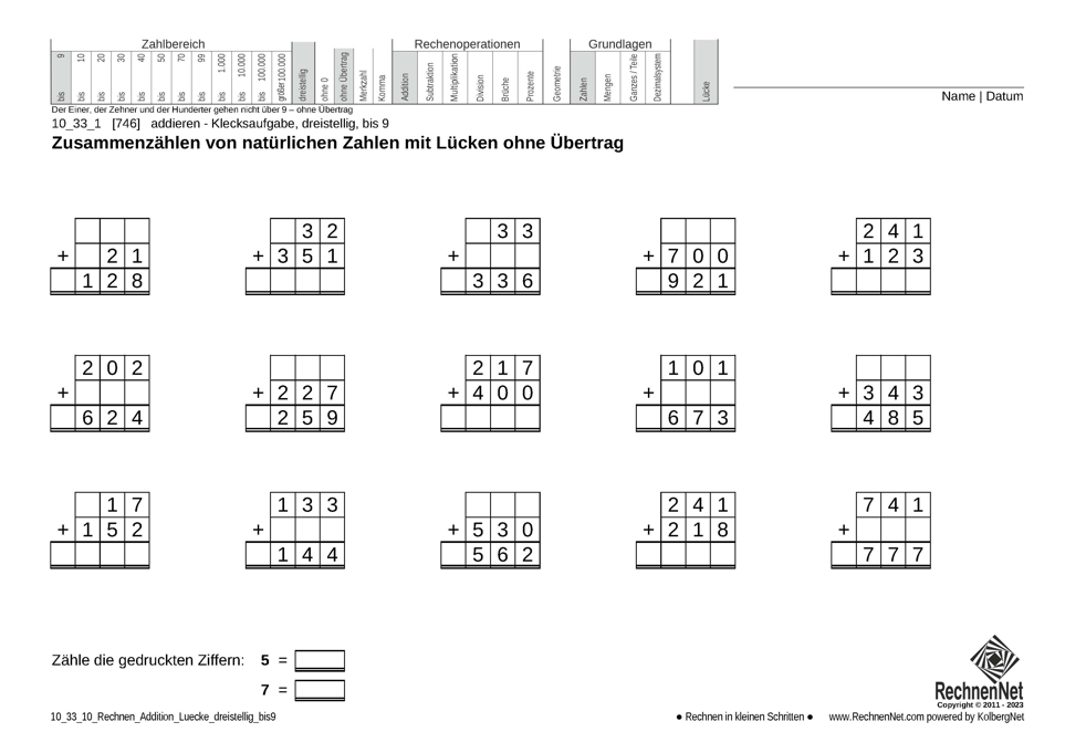 10_33_1 Rechnen Addition Lücke dreistellig bis9