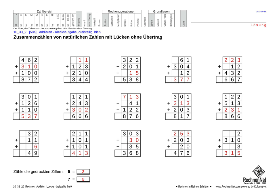 Lösung: 10_33_2 Rechnen Addition Lücke dreistellig bis9