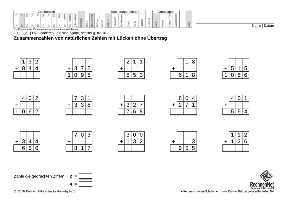 10_33_3 Rechnen Addition Lücke dreistellig bis10