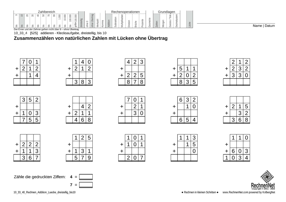 10_33_4 Rechnen Addition Lücke dreistellig bis20