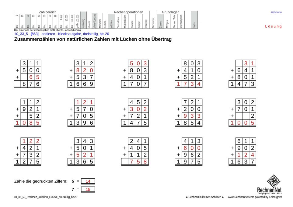 Lösung: 10_33_5 Rechnen Addition Lücke dreistellig bis20