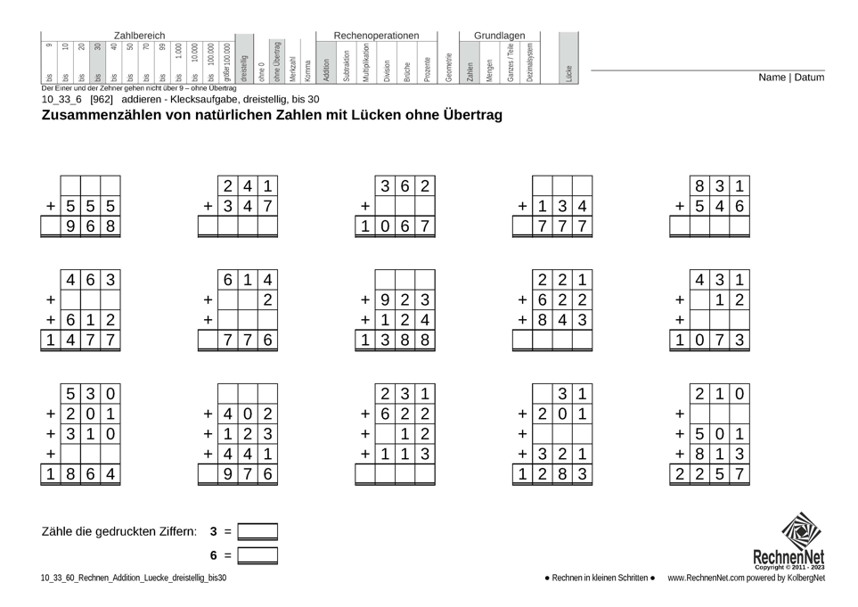10_33_6 Rechnen Addition Lücke dreistellig bis30