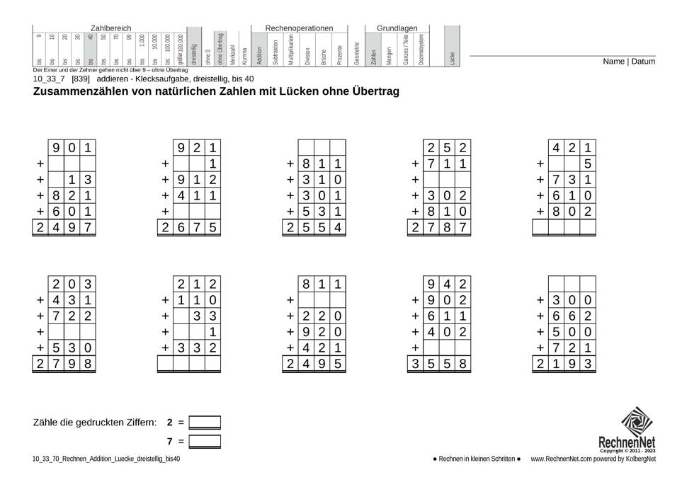 10_33_7 Rechnen Addition Lücke dreistellig bis40
