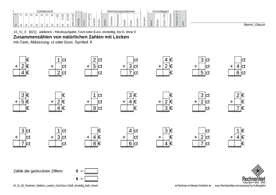 10_41_0 Rechnen Addition Lücke Cent-Euro einstellig bis9 ohne0