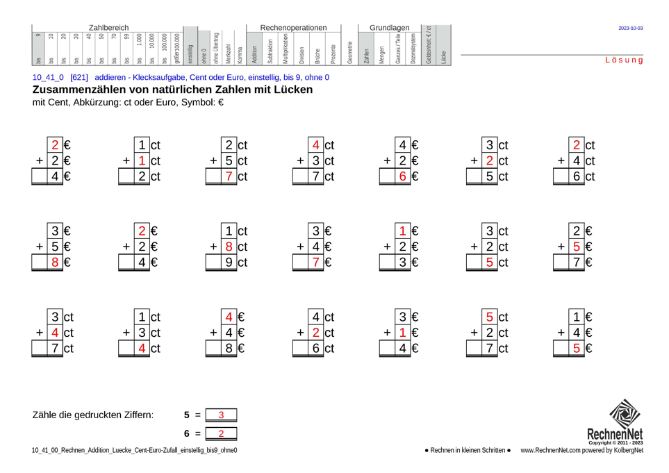 Lösung: 10_41_0 Rechnen Addition Lücke Cent-Euro einstellig bis9 ohne0