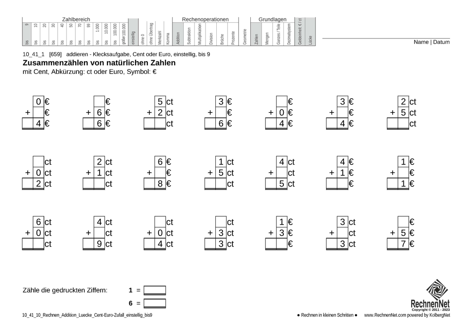 10_41_1 Rechnen Addition Lücke Cent-Euro einstellig bis9 10_41_1 Rechnen Addition Lücke Cent-Euro einstellig bis9