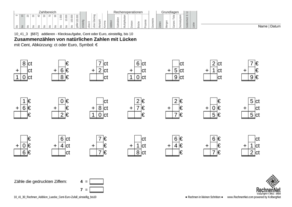10_41_3 Rechnen Addition Lücke Cent-Euro einstellig bis10 10_41_3 Rechnen Addition Lücke Cent-Euro einstellig bis10