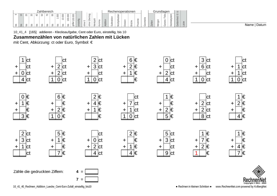 10_41_4 Rechnen Addition Lücke Cent-Euro einstellig bis10 10_41_4 Rechnen Addition Lücke Cent-Euro einstellig bis10