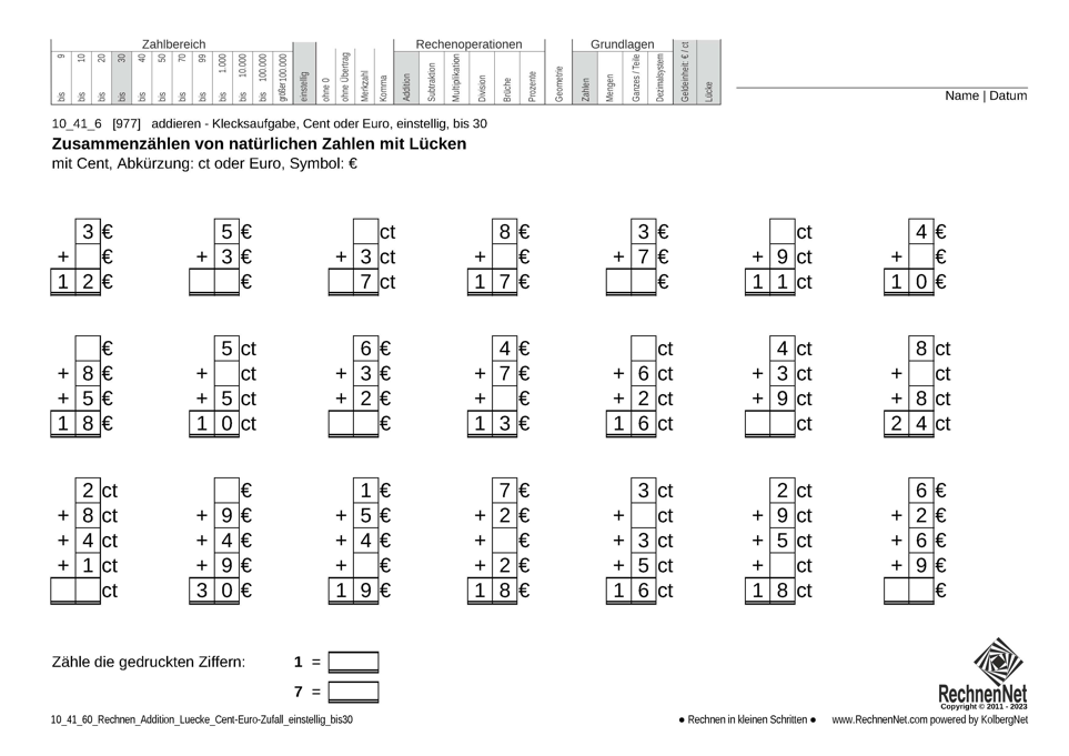10_41_6 Rechnen Addition Lücke Cent-Euro einstellig bis30 10_41_6 Rechnen Addition Lücke Cent-Euro einstellig bis30