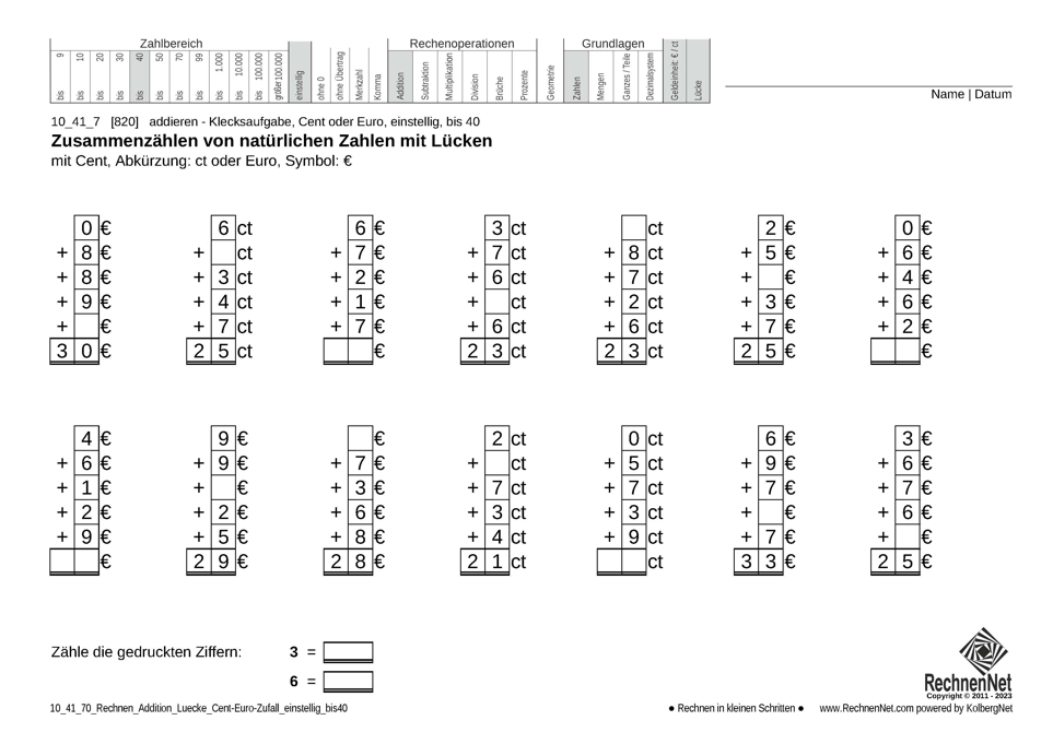 10_41_7 Rechnen Addition Lücke Cent-Euro einstellig bis40 10_41_7 Rechnen Addition Lücke Cent-Euro einstellig bis40