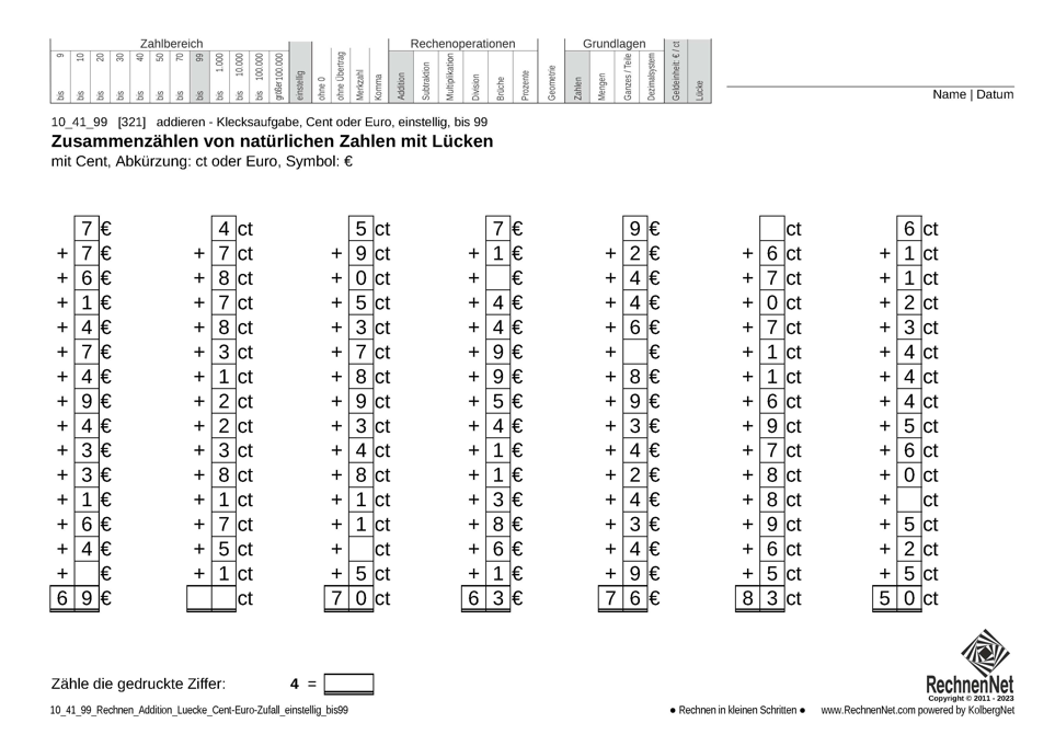 10_41_9 Rechnen Addition Lücke Cent-Euro einstellig bis99 10_41_9 Rechnen Addition Lücke Cent-Euro einstellig bis99