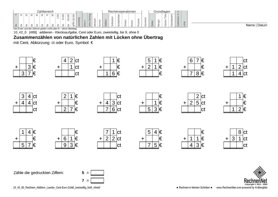 10_42_0 Rechnen Addition Lücke Cent-Euro zweistellig bis9 ohne0