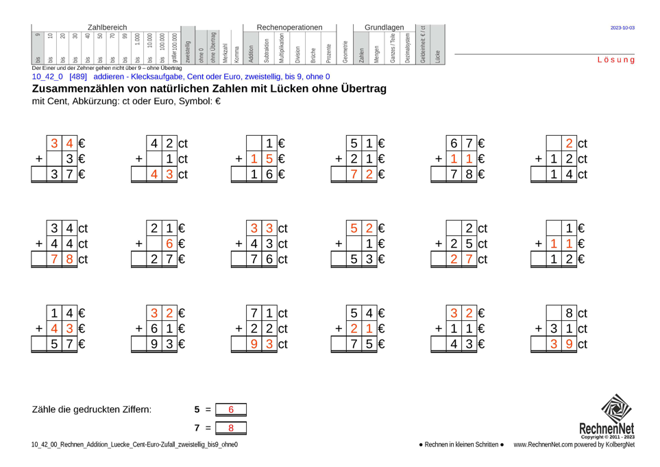 Lösung: 10_42_0 Rechnen Addition Lücke Cent-Euro zweistellig bis9 ohne0