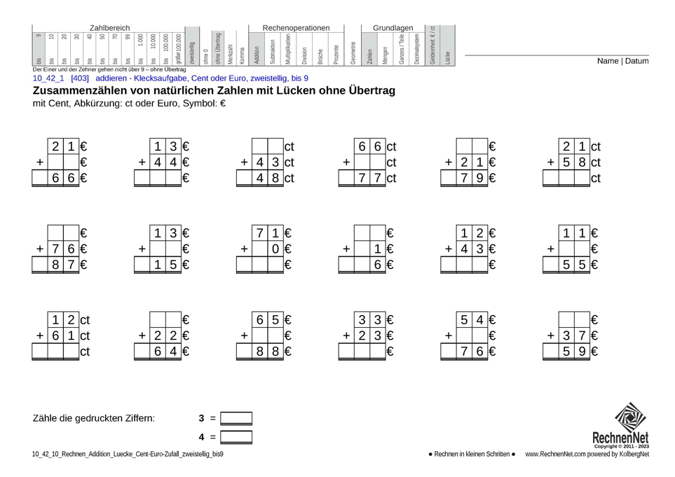 10_42_1 Rechnen Addition Lücke Cent-Euro zweistellig bis9 10_42_1 Rechnen Addition Lücke Cent-Euro zweistellig bis9