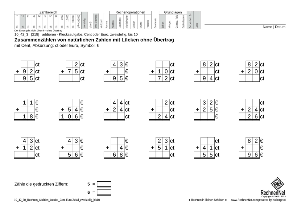 10_42_3 Rechnen Addition Lücke Cent-Euro zweistellig bis10 10_42_3 Rechnen Addition Lücke Cent-Euro zweistellig bis10
