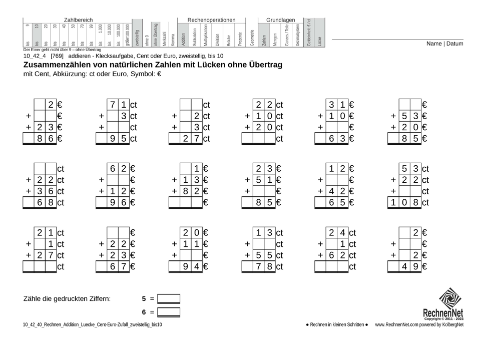 10_42_4 Rechnen Addition Lücke Cent-Euro zweistellig bis10 10_42_4 Rechnen Addition Lücke Cent-Euro zweistellig bis10