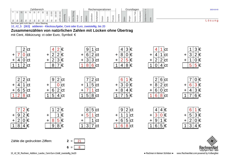 Lösung: 10_42_5 Rechnen Addition Lücke Cent-Euro zweistellig bis20 Lösung: 10_42_5 Rechnen Addition Lücke Cent-Euro zweistellig bis20