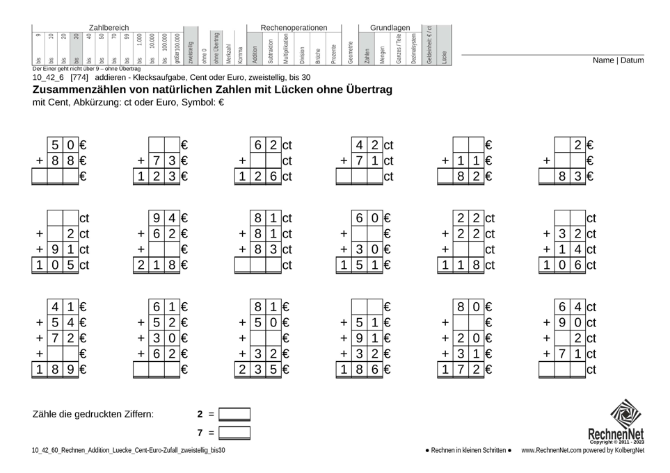10_42_6 Rechnen Addition Lücke Cent-Euro zweistellig bis30 10_42_6 Rechnen Addition Lücke Cent-Euro zweistellig bis30