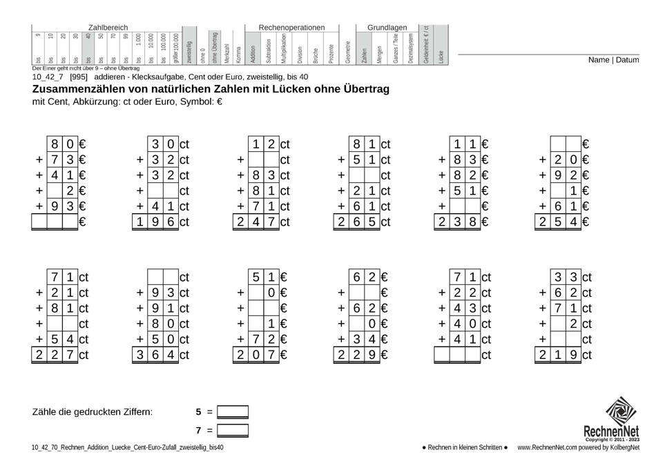 10_42_7 Rechnen Addition Lücke Cent-Euro zweistellig bis40 10_42_7 Rechnen Addition Lücke Cent-Euro zweistellig bis40