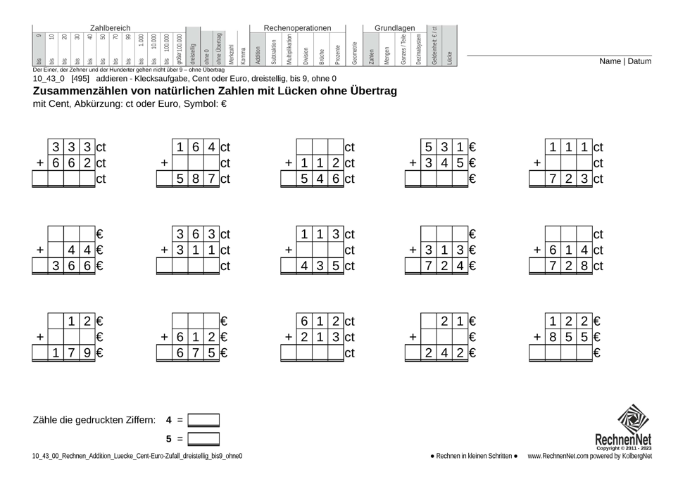 10_43_0 Rechnen Addition Lücke Cent-Euro dreistellig bis9 ohne0