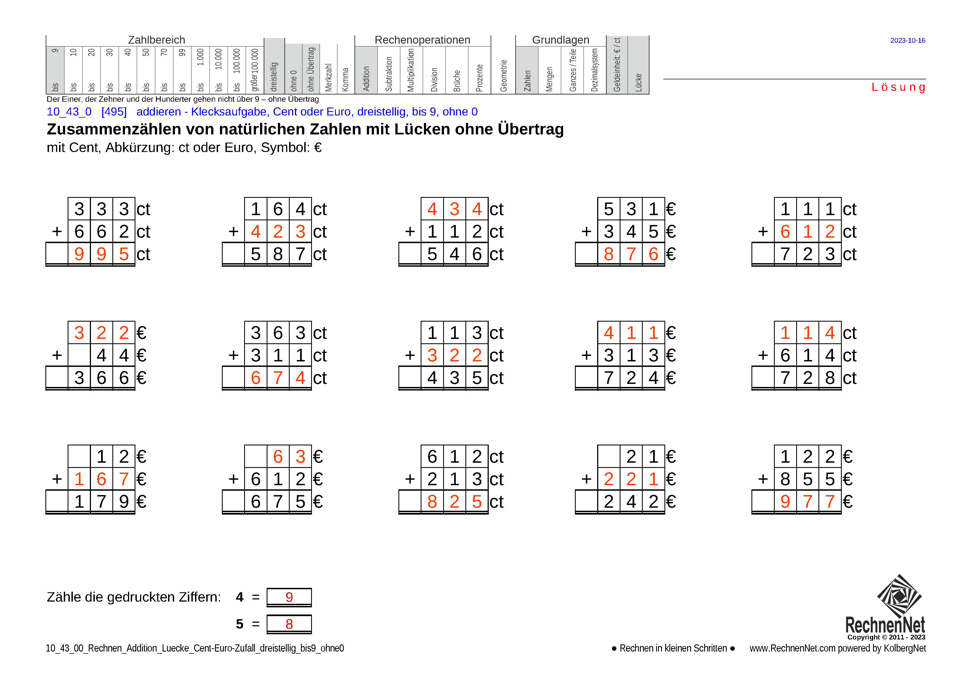 Lösung: 10_43_0 Rechnen Addition Lücke Cent-Euro dreistellig bis9 ohne0