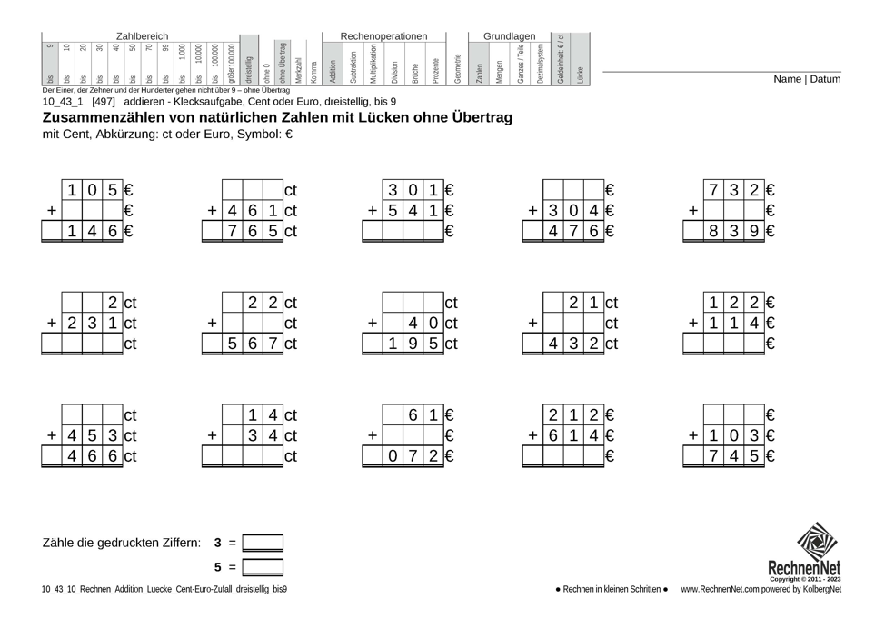 10_43_1 Rechnen Addition Lücke Cent-Euro dreistellig bis9 10_43_1 Rechnen Addition Lücke Cent-Euro dreistellig bis9