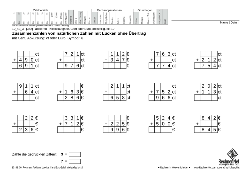 10_43_3 Rechnen Addition Lücke Cent-Euro dreistellig bis10 10_43_3 Rechnen Addition Lücke Cent-Euro dreistellig bis10
