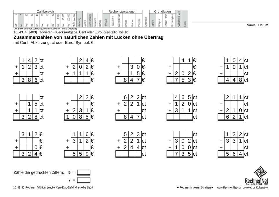10_43_4 Rechnen Addition Lücke Cent-Euro dreistellig bis10 10_43_4 Rechnen Addition Lücke Cent-Euro dreistellig bis10
