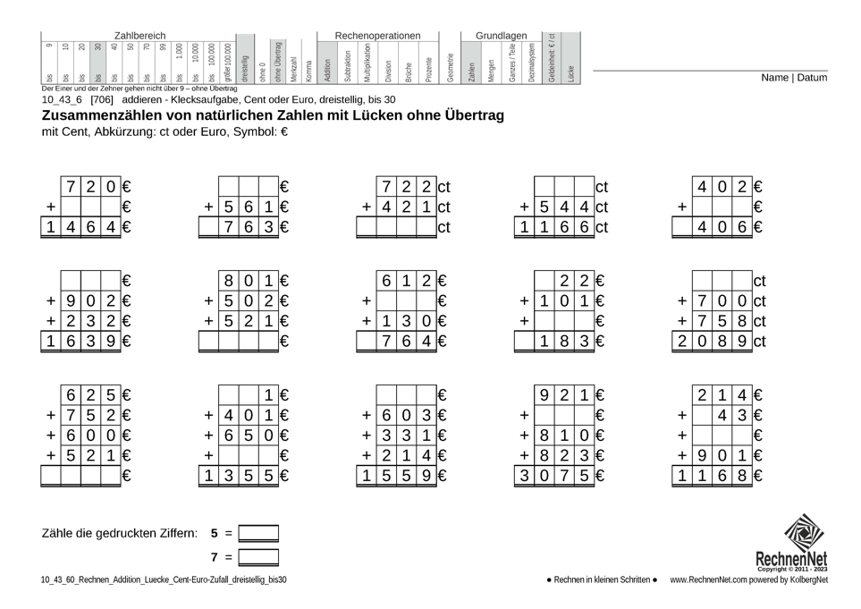 10_43_6 Rechnen Addition Lücke Cent-Euro dreistellig bis30 10_43_6 Rechnen Addition Lücke Cent-Euro dreistellig bis30