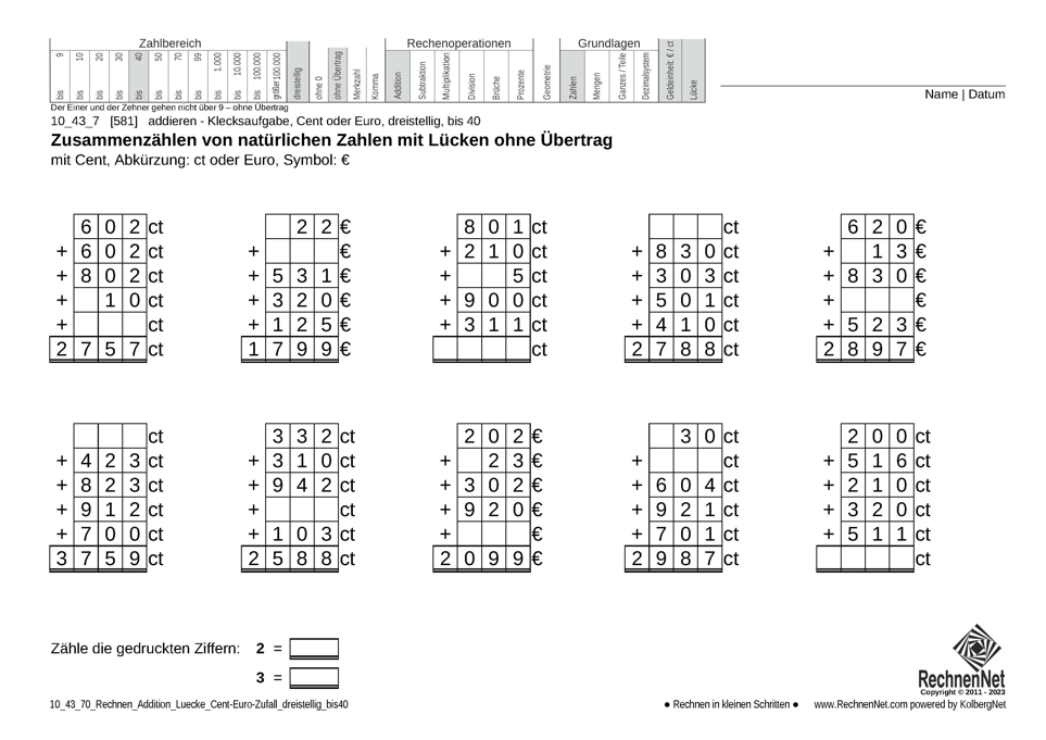 10_43_7 Rechnen Addition Lücke Cent-Euro dreistellig bis40 10_43_7 Rechnen Addition Lücke Cent-Euro dreistellig bis40