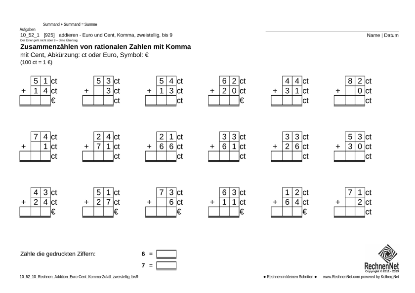 10_52_1 Rechnen Addition Euro-Cent Komma zweistellig bis9