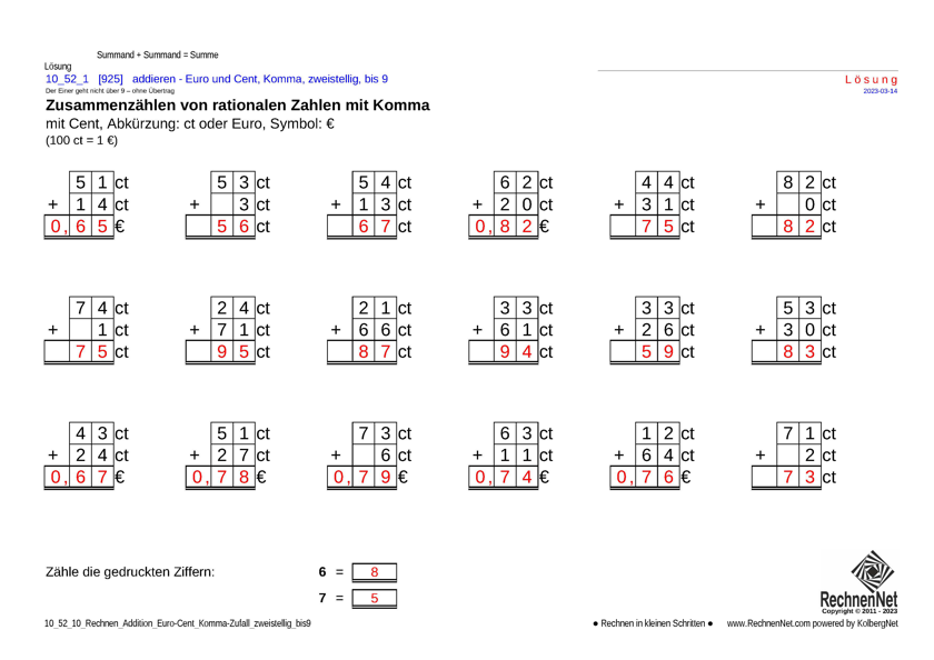 Lösung: 10_52_1 Rechnen Addition Euro-Cent Komma zweistellig bis9