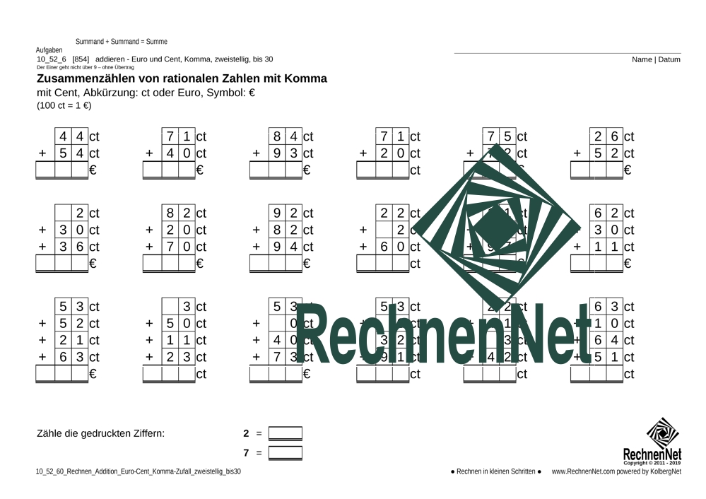 10_52_6 Rechnen Addition Euro-Cent Komma zweistellig bis30
