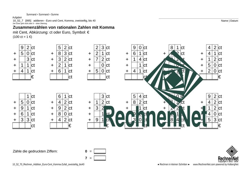 10_52_7 Rechnen Addition Euro-Cent Komma zweistellig bis40