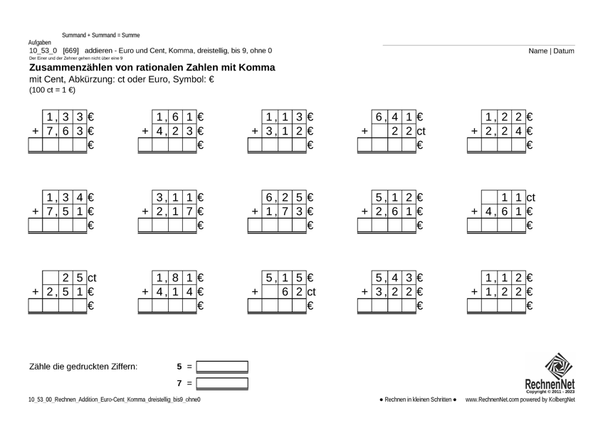 10_53_0 Rechnen Addition Euro-Cent Komma dreistellig bis9 ohne0