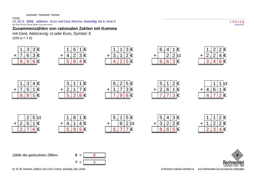 Lösung: 10_53_0 Rechnen Addition Euro-Cent Komma dreistellig bis9 ohne0
