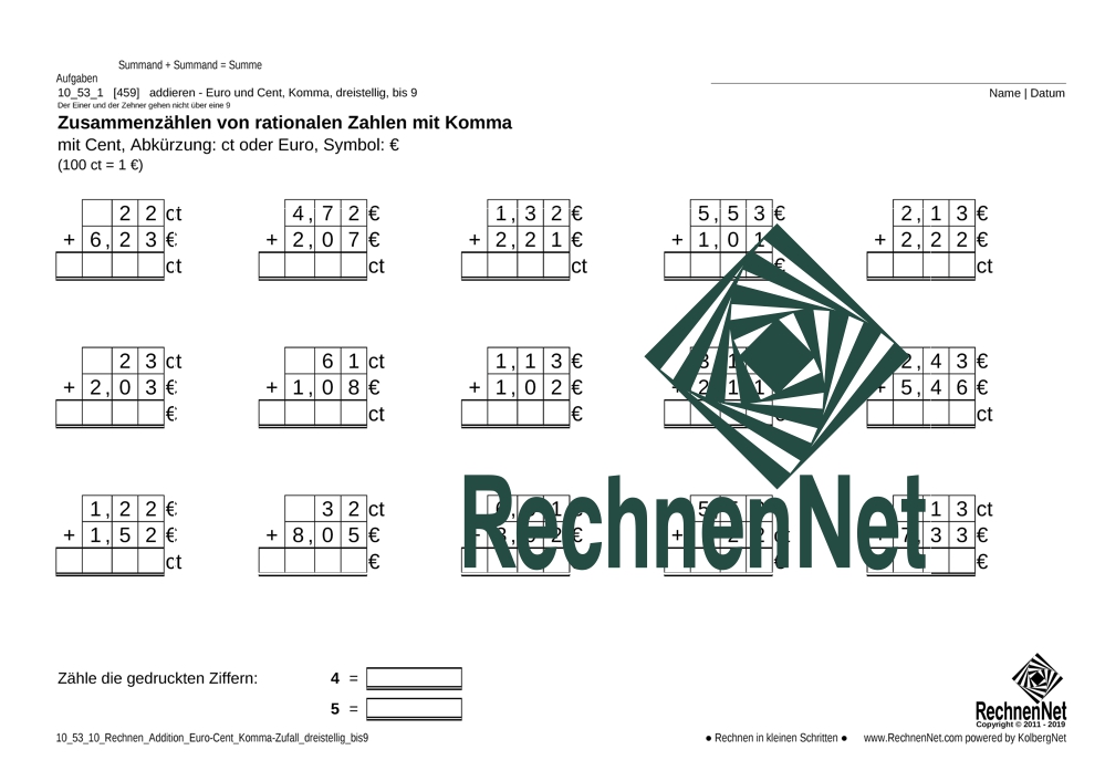 10_53_1 Rechnen Addition Euro-Cent Komma dreistellig_bis9