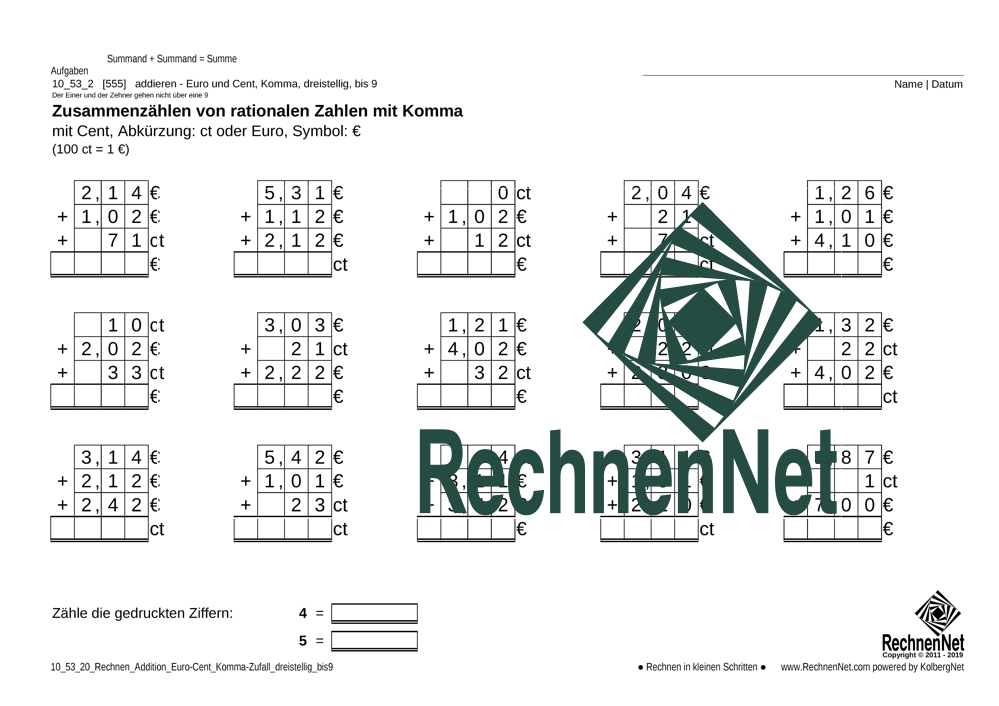 10_53_2 Rechnen Addition Euro-Cent Komma dreistellig_bis9