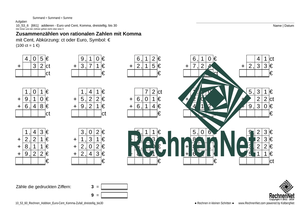 10_53_6 Rechnen Addition Euro-Cent Komma dreistellig_bis30